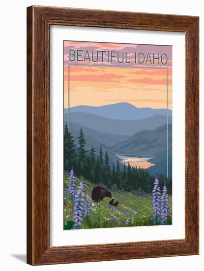 Idaho - Bear and Spring Flowers-Lantern Press-Framed Art Print