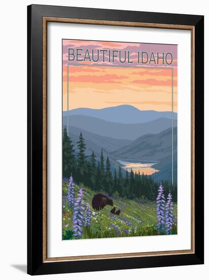 Idaho - Bear and Spring Flowers-Lantern Press-Framed Art Print