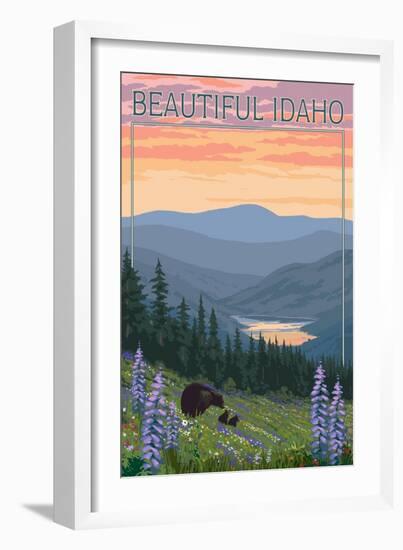 Idaho - Bear and Spring Flowers-Lantern Press-Framed Art Print