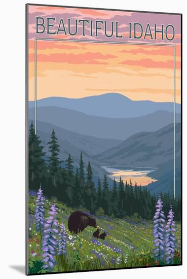 Idaho - Bear and Spring Flowers-Lantern Press-Mounted Art Print