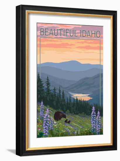 Idaho - Bear and Spring Flowers-Lantern Press-Framed Premium Giclee Print