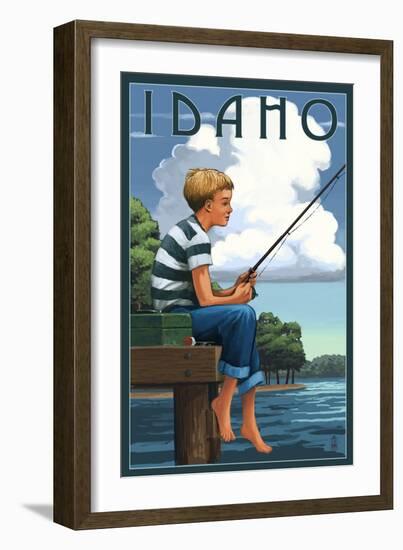 Idaho - Boy Fishing-Lantern Press-Framed Art Print