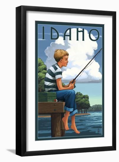 Idaho - Boy Fishing-Lantern Press-Framed Art Print