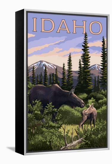 Idaho - Moose and Baby Calf-Lantern Press-Framed Stretched Canvas