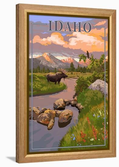 Idaho - Moose and Sunset-Lantern Press-Framed Stretched Canvas