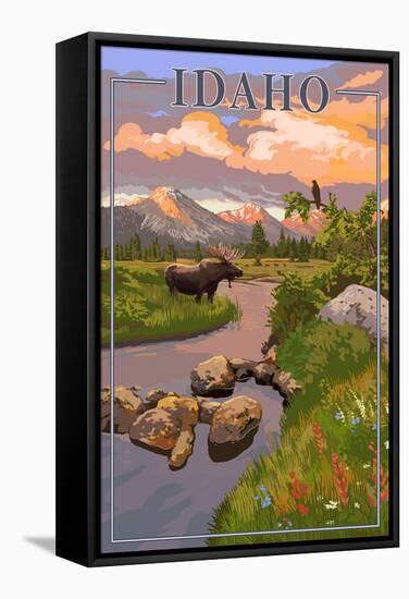 Idaho - Moose and Sunset-Lantern Press-Framed Stretched Canvas