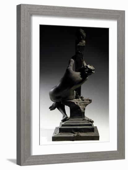 Idol, Figure of Naked Woman Sitting on Edge of Base Holding onto Column with Outstretched Arms-Antonio Bezzola-Framed Giclee Print