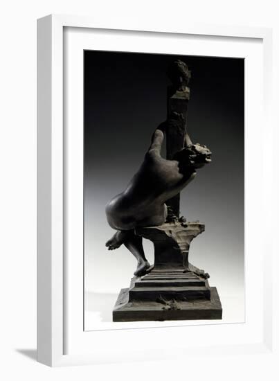 Idol, Figure of Naked Woman Sitting on Edge of Base Holding onto Column with Outstretched Arms-Antonio Bezzola-Framed Giclee Print