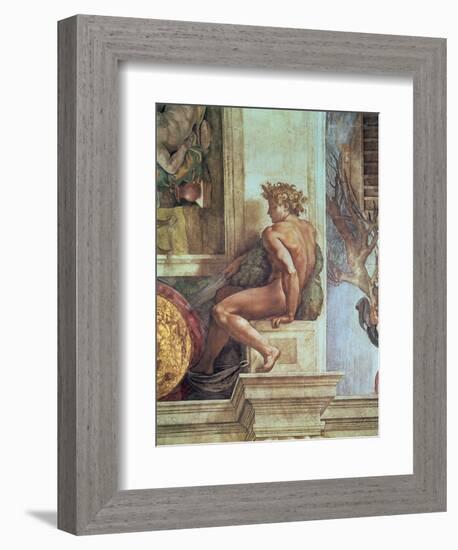 Ignudo from the Sistine Ceiling (Pre Restoration)-Michelangelo Buonarroti-Framed Giclee Print