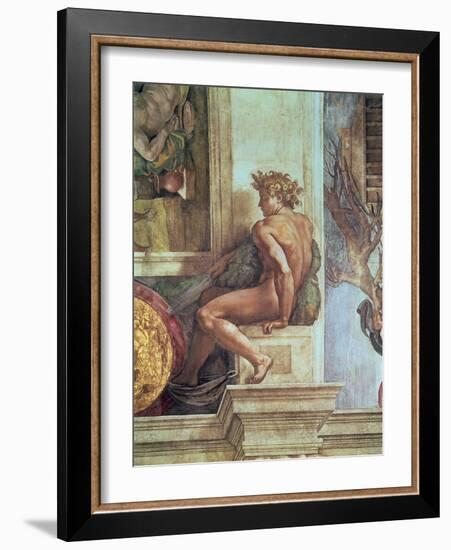 Ignudo from the Sistine Ceiling (Pre Restoration)-Michelangelo Buonarroti-Framed Giclee Print