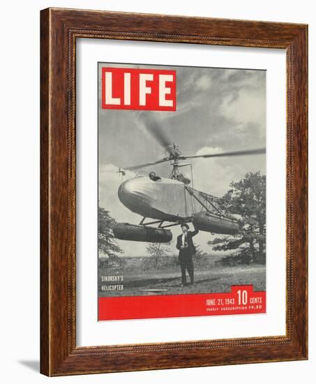 Igor Sikorsky with Pilot Les Morris at the Controls of Sikorsky's Helicopter, June 21, 1943-Frank Scherschel-Framed Photographic Print