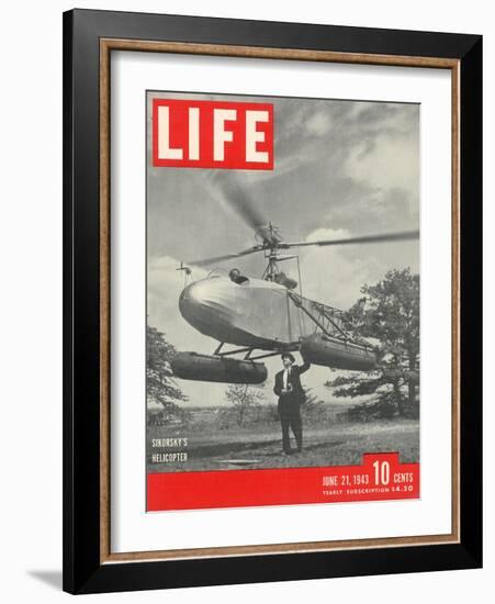 Igor Sikorsky with Pilot Les Morris at the Controls of Sikorsky's Helicopter, June 21, 1943-Frank Scherschel-Framed Photographic Print