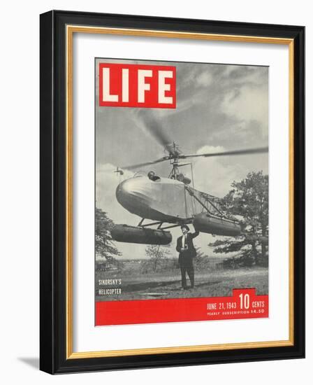 Igor Sikorsky with Pilot Les Morris at the Controls of Sikorsky's Helicopter, June 21, 1943-Frank Scherschel-Framed Photographic Print