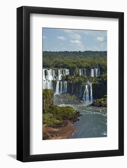 Iguazu Falls on Argentina side and tourist boat on Iguazu River, Brazil and Argentina border-David Wall-Framed Photographic Print