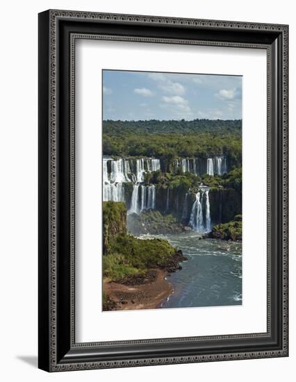 Iguazu Falls on Argentina side and tourist boat on Iguazu River, Brazil and Argentina border-David Wall-Framed Photographic Print