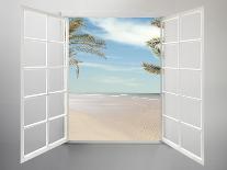 Modern Residential Window Open and Beach with Palm Trees Behind-ilker canikligil-Framed Art Print