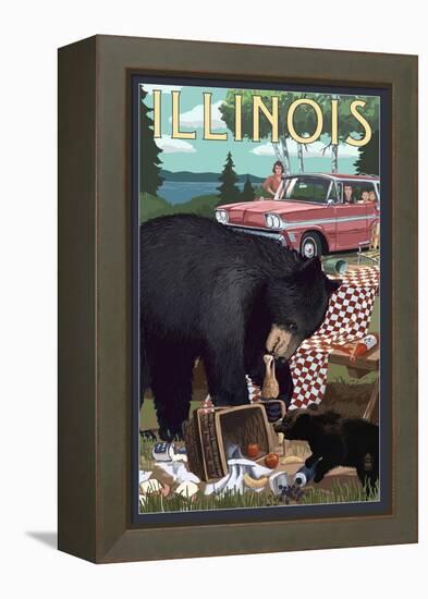 Illinois - Bear and Picnic Scene-Lantern Press-Framed Stretched Canvas