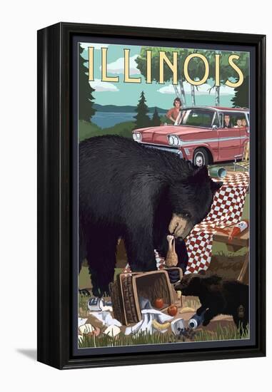 Illinois - Bear and Picnic Scene-Lantern Press-Framed Stretched Canvas