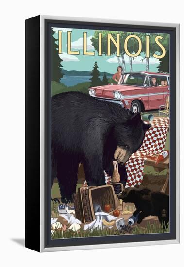 Illinois - Bear and Picnic Scene-Lantern Press-Framed Stretched Canvas