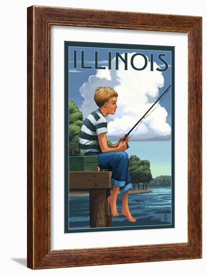 Illinois - Boy Fishing-Lantern Press-Framed Art Print