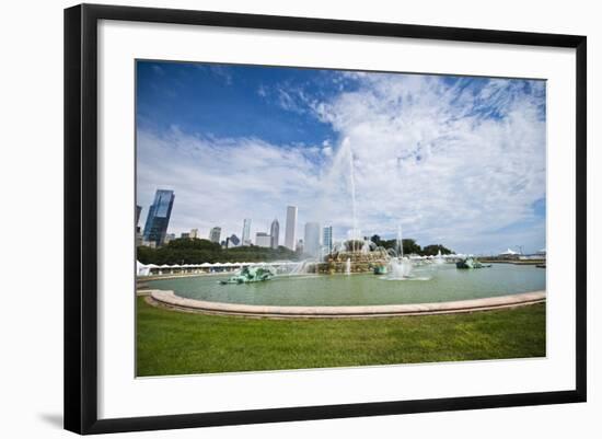 Illinois, Chicago, Grant Park, Buckingham Fountain and Loop Skyline Background-Bernard Friel-Framed Photographic Print