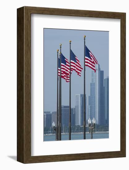 Illinois, Chicago. Navy Pier, Us Flags Flying in Front of City Skyline-Cindy Miller Hopkins-Framed Photographic Print