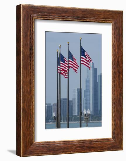 Illinois, Chicago. Navy Pier, Us Flags Flying in Front of City Skyline-Cindy Miller Hopkins-Framed Photographic Print