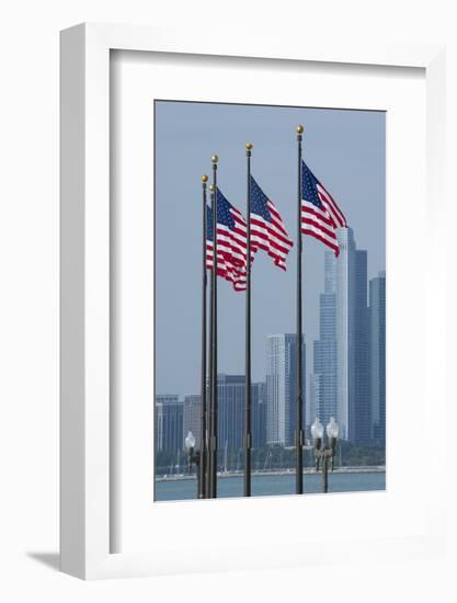 Illinois, Chicago. Navy Pier, Us Flags Flying in Front of City Skyline-Cindy Miller Hopkins-Framed Photographic Print