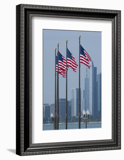 Illinois, Chicago. Navy Pier, Us Flags Flying in Front of City Skyline-Cindy Miller Hopkins-Framed Photographic Print