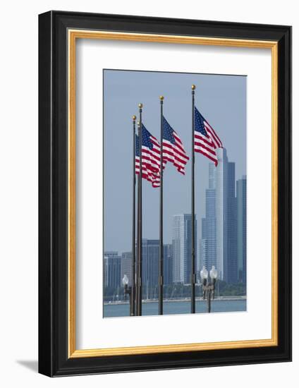 Illinois, Chicago. Navy Pier, Us Flags Flying in Front of City Skyline-Cindy Miller Hopkins-Framed Photographic Print