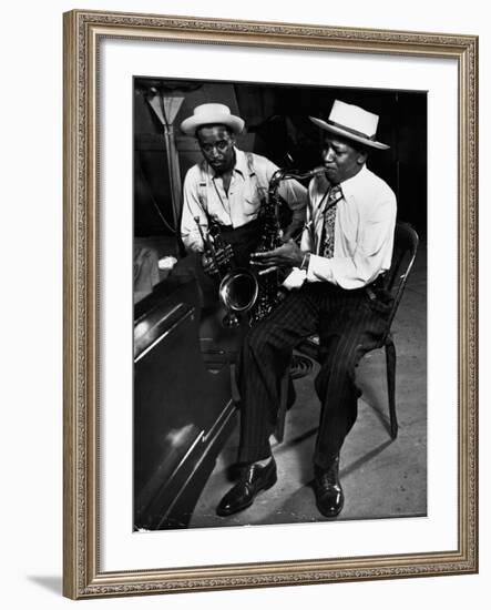 Illinois Jacquet and Harry Edison at Recording Session for Jammin' the Blues-Gjon Mili-Framed Premium Photographic Print