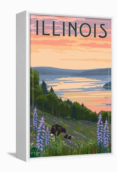 Illinois - Lake and Bear Family-Lantern Press-Framed Stretched Canvas