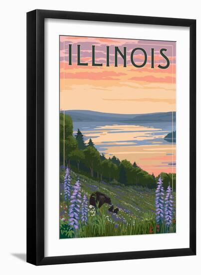 Illinois - Lake and Bear Family-Lantern Press-Framed Art Print