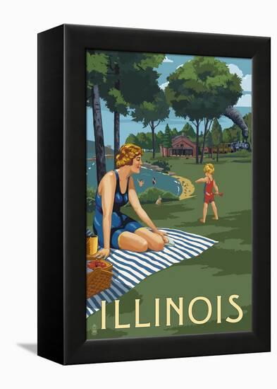 Illinois - Lake and Picnic Scene-Lantern Press-Framed Stretched Canvas