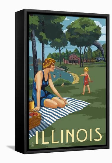 Illinois - Lake and Picnic Scene-Lantern Press-Framed Stretched Canvas