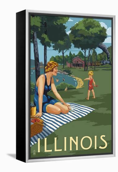 Illinois - Lake and Picnic Scene-Lantern Press-Framed Stretched Canvas