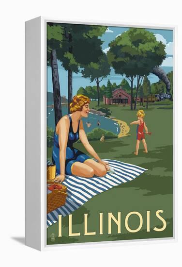 Illinois - Lake and Picnic Scene-Lantern Press-Framed Stretched Canvas