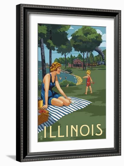 Illinois - Lake and Picnic Scene-Lantern Press-Framed Art Print