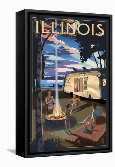 Illinois - Retro Camper and Lake-Lantern Press-Framed Stretched Canvas