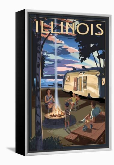 Illinois - Retro Camper and Lake-Lantern Press-Framed Stretched Canvas