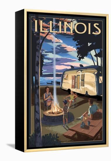 Illinois - Retro Camper and Lake-Lantern Press-Framed Stretched Canvas