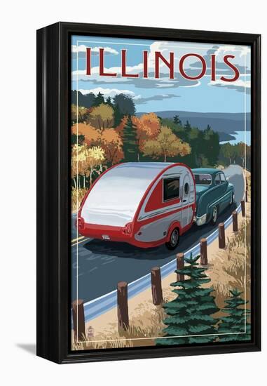 Illinois - Retro Camper on Road-Lantern Press-Framed Stretched Canvas