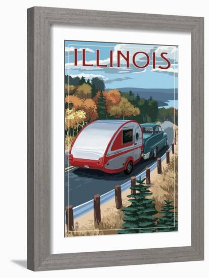 Illinois - Retro Camper on Road-Lantern Press-Framed Art Print