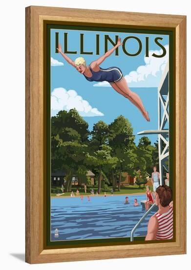 Illinois - Woman Diving and Lake-Lantern Press-Framed Stretched Canvas