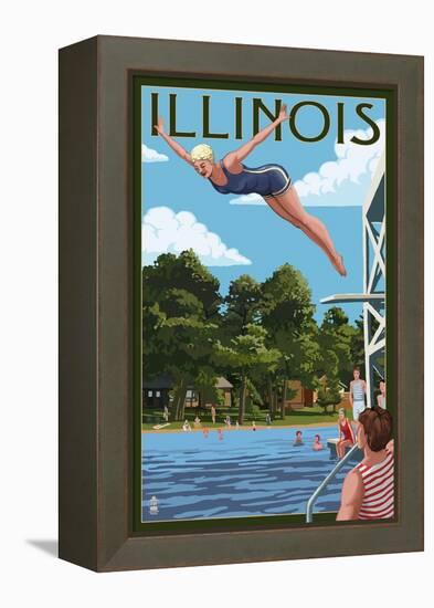 Illinois - Woman Diving and Lake-Lantern Press-Framed Stretched Canvas