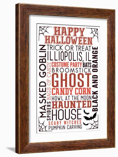 Illiopolis, IL - Happy Halloween - Typography with Bats-Lantern Press-Framed Art Print