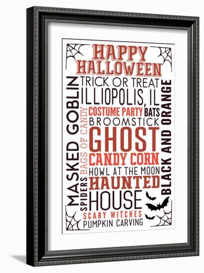 Illiopolis, IL - Happy Halloween - Typography with Bats-Lantern Press-Framed Art Print