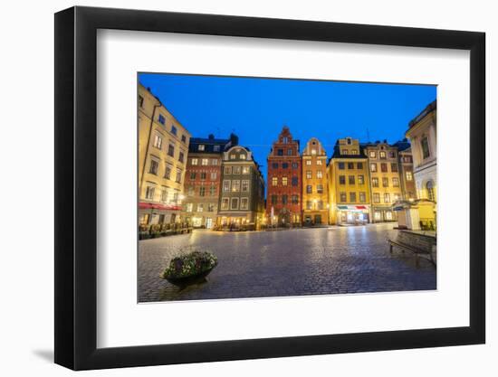 Illuminated historic buildings at dusk, Stortorget Square, Gamla Stan, Stockholm, Sweden-Roberto Moiola-Framed Photographic Print