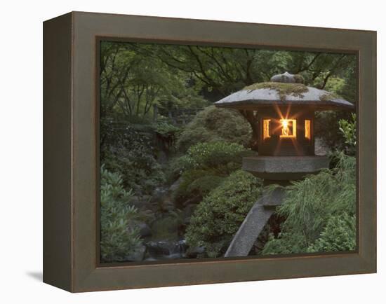 Illuminated Lantern in Portland Japanese Garden, Oregon, USA-William Sutton-Framed Premier Image Canvas