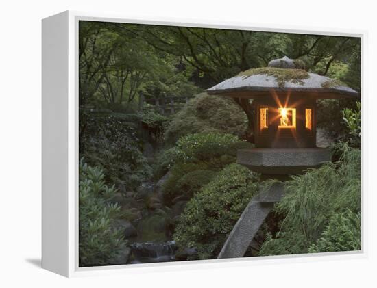 Illuminated Lantern in Portland Japanese Garden, Oregon, USA-William Sutton-Framed Premier Image Canvas